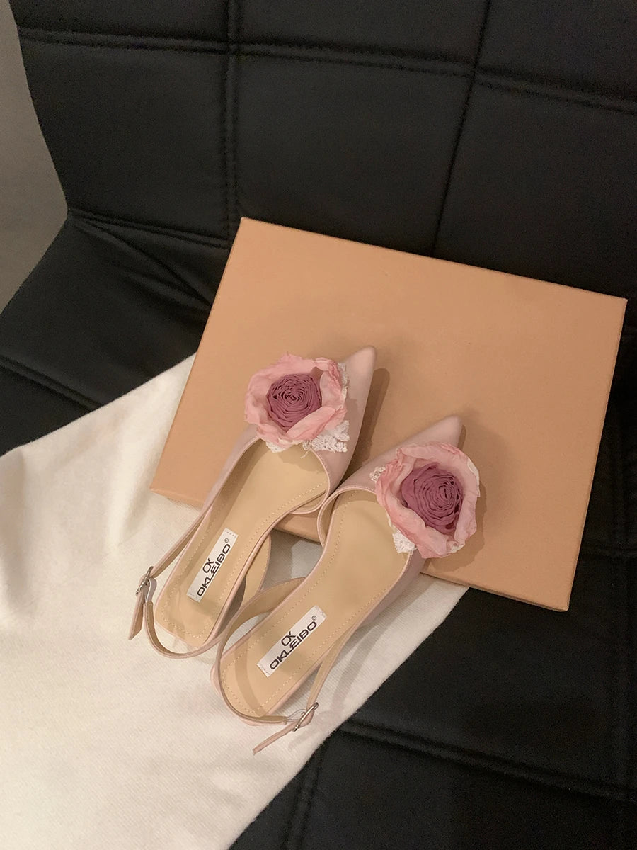New Flower Designer Sandals Women Elegant Satin Mule Shoes Summer Pointed Toe Pumps Low Heel Flowers Slingback Sandals Female