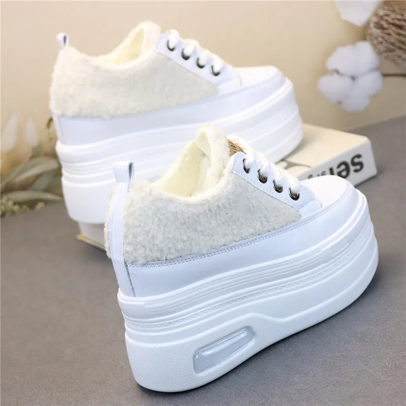 10CM 12CM Genuine Leather Casual Chunky Sneakers Plush Wedge Platform Wedge Winter Fashion Autumn Spring Women Shoes Vulcanize