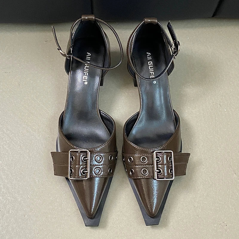 Female Pointed Toe Footwear Ankle Strap Ladies Medium Heels Shoes Shallow New 2025 Fashion Buckle Women 4cm Heels Pumps Shoes