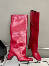 Rubber Bridge Knee High Boots Santiago Black Red White Silver Artificial Leather New Square Toes Fall Luxury Brand Women's Boots