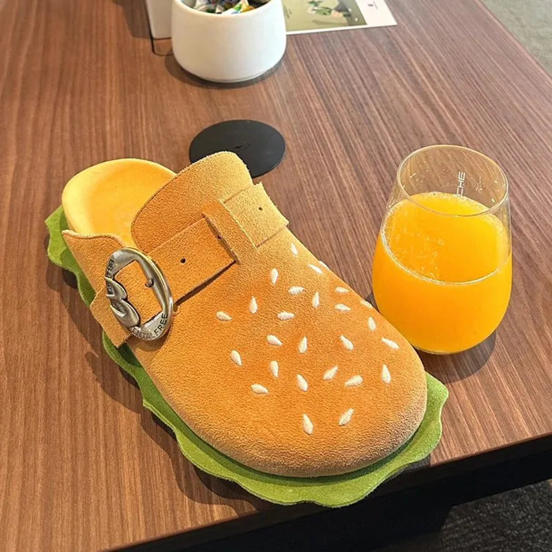 Yellow Hamburger Fashion Slippers Adult Metal Belt Buckle Soft Flat Outwear Thick-Soled Casual Beach Sandals Home Shoe For Women