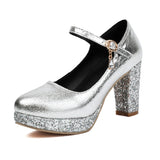 Luxury Sequined Red Silver Gold Women Platform Pumps 9cm Chunky Heels Female Wedding Party Buckle Strap Ladies Round Toe Shoes