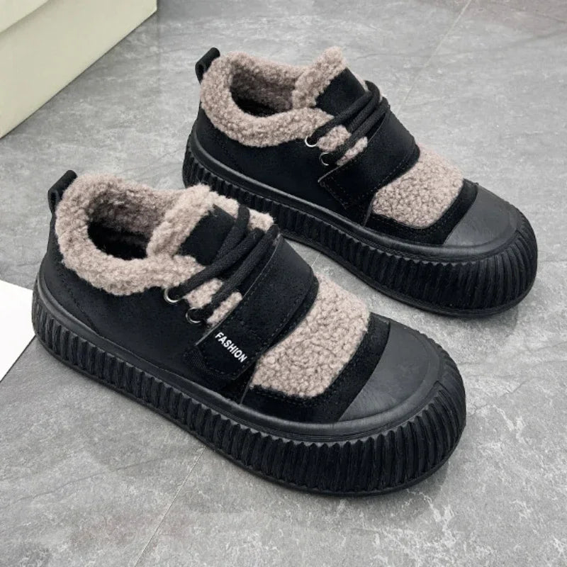 New Winter Warm Cotton Shoes Ladies Plush Fur Thick Sole Lace Up Casual Sneakers Women Outside Flat Comfortable Running Shoes