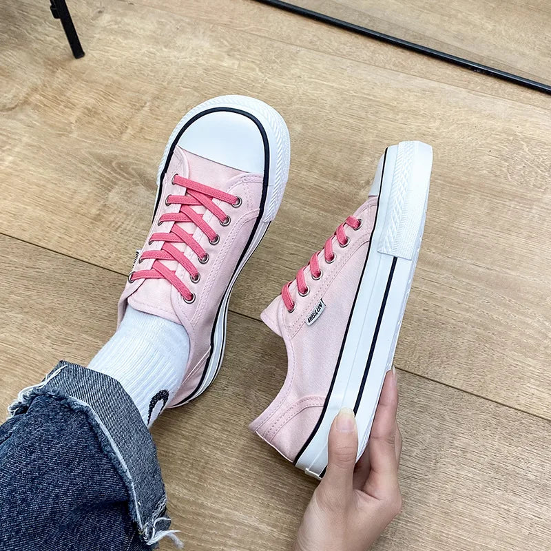 Women's Canvas Shoes 2024 Spring Lace Up Round Toe Causal Flat Shoes Student Sneakers Girls Skateboard Vulcanized Tennis Women