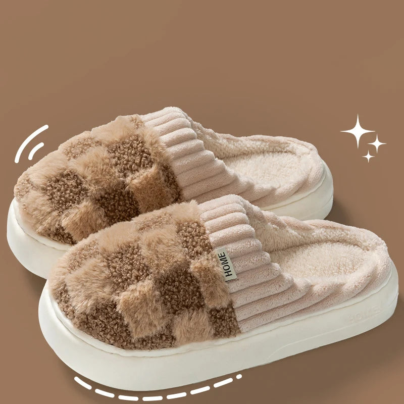 Comwarm Warm Plush House Slippers For Women Indoor Non-slip Couple Cozy Soft Sole Fluffy Slides Winter Fuzzy Lined Cotton Shoes