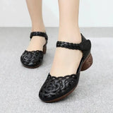 2022,NEW Summer Women's Genuine PU Leather Shoes Woman Retro Hollow Out Sandals Female Hook & Loop Heels Ladies Platform Sandal