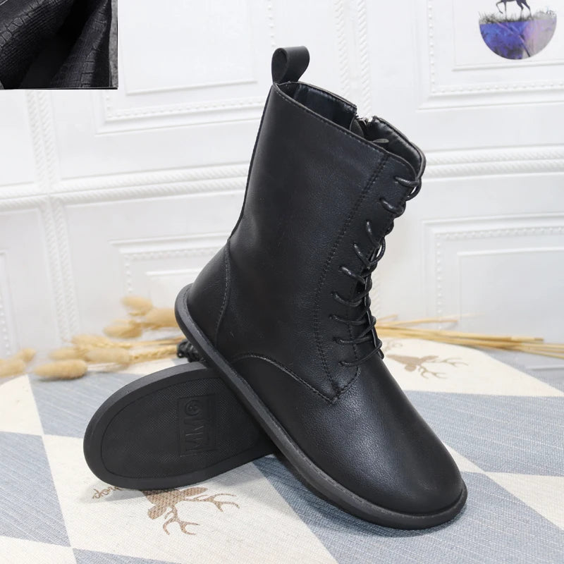 Careaymade-Genuine leather women's shoes Flat Bottom Large Size Slim Korean casual women's Boots warm winter Boots size35-43