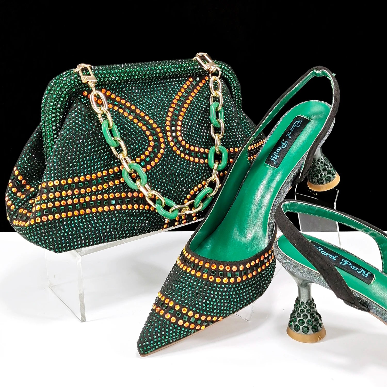 QSGFC 2024 New Designer Specials Italian Women Heels Shoes and Bag Set  Royal Green Color Comfortable With Rhinestone for Party