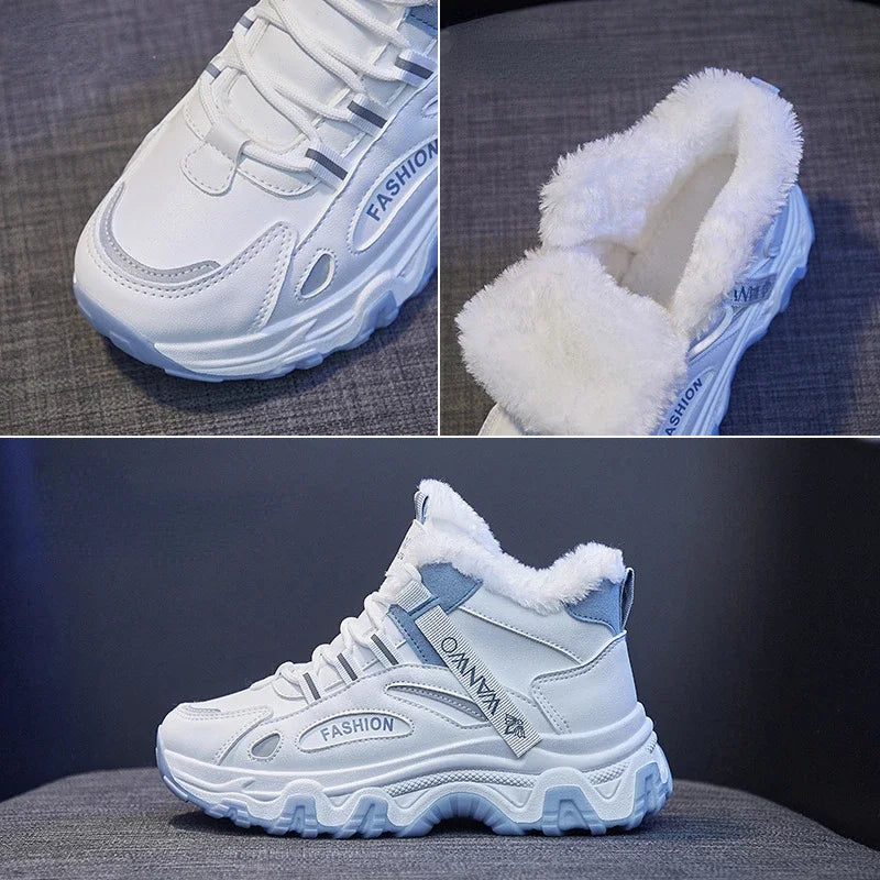 Women's White Winter Sneakers with Plush Lining and Chunky Sole - Warm High-Top Athletic Shoes for Cold Weather zapatos de mujer