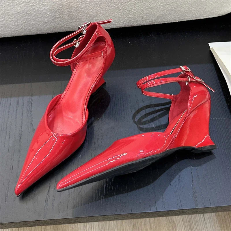 Eilyken Fashion Pointed Toe Wedges Heels Women Pumps Fashion Double Buckle Strap Sandals Wedding Party Mule Shoes