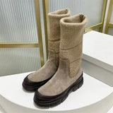 Luxury Thick Sole Motorcycle Boots Women Round Toe Flat Platform Shoes Women Cow Suede Patchwork Knit Mid Calf Boots Woman