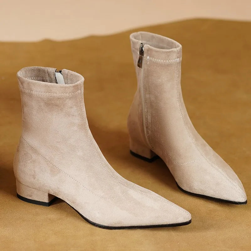 Suede Leather Women's Ankle Boots Elegant Point Toe Brown Black Short Boot Autumn Winter Shoes 2024 Western Brand Designer