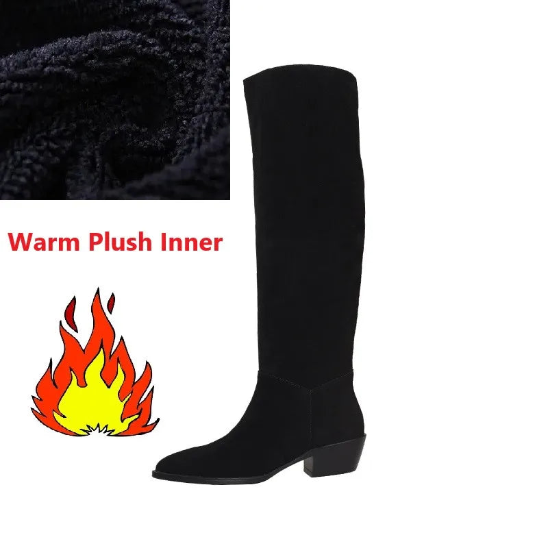 Cow Suede Daily Botas Pointed Toe Spring Autumn Woman Boots Cowgirls Western Boots Woman Slip On Simple Pleated Mid-Calf Shoes