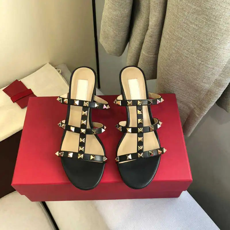 luxury women's shoes Gladiator shoes woman 2024 trend For Women's Sandals Summer Slippers Chunky Heel Leather Rivets High heels