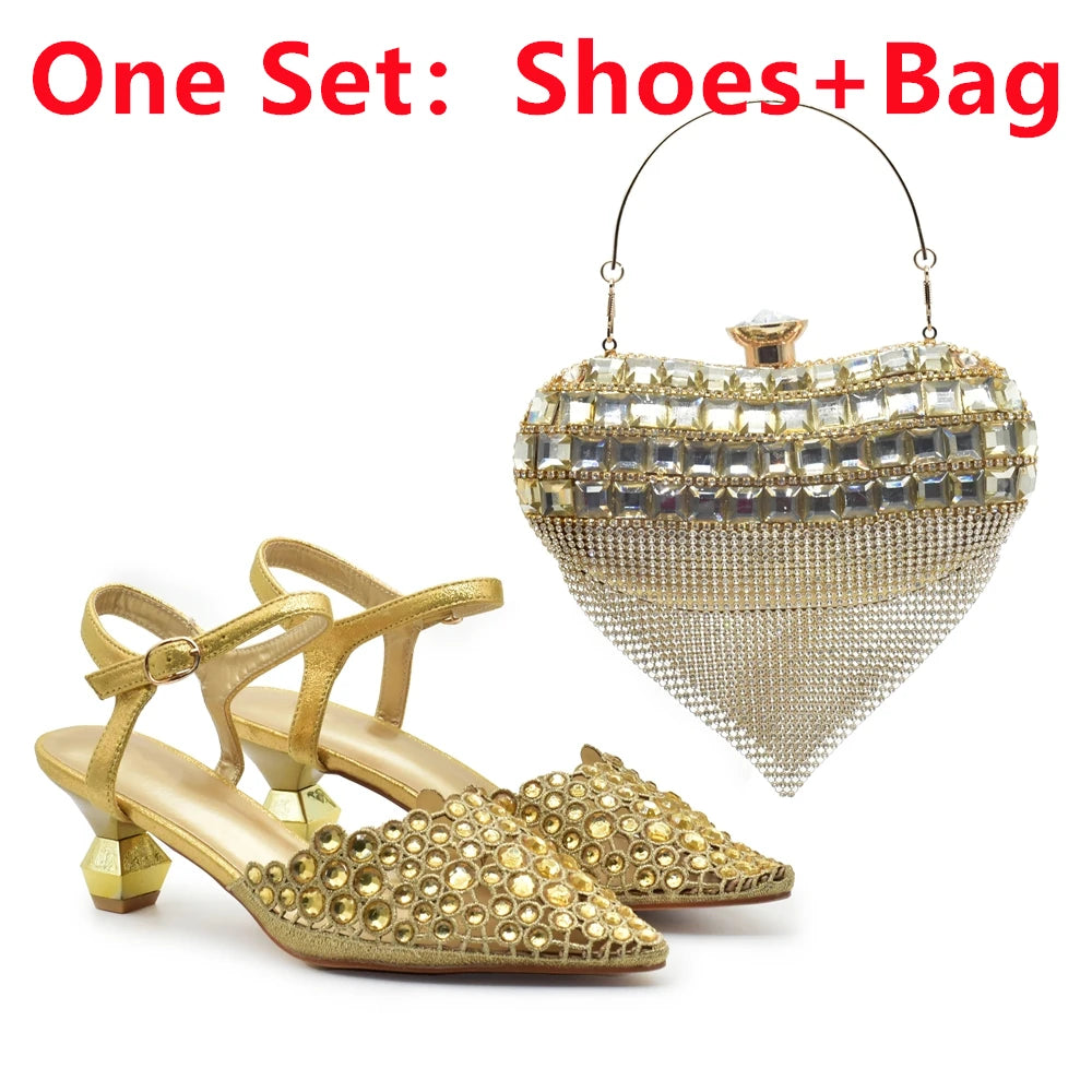 Italian Shoes and Bags Matching Set 2024 Rhinestones African Peep Toe Women High Heel Evening Party Pumps Wedding Shoes Bride