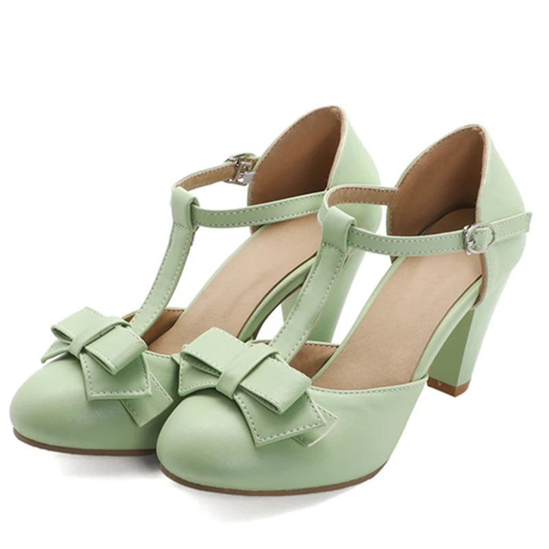 T-Straps Summer Women Sandals Fashion Pink Green Heels Lolita Shoes For Girls Sweet Bow-tied Office Wedding Shoes Large Size 44