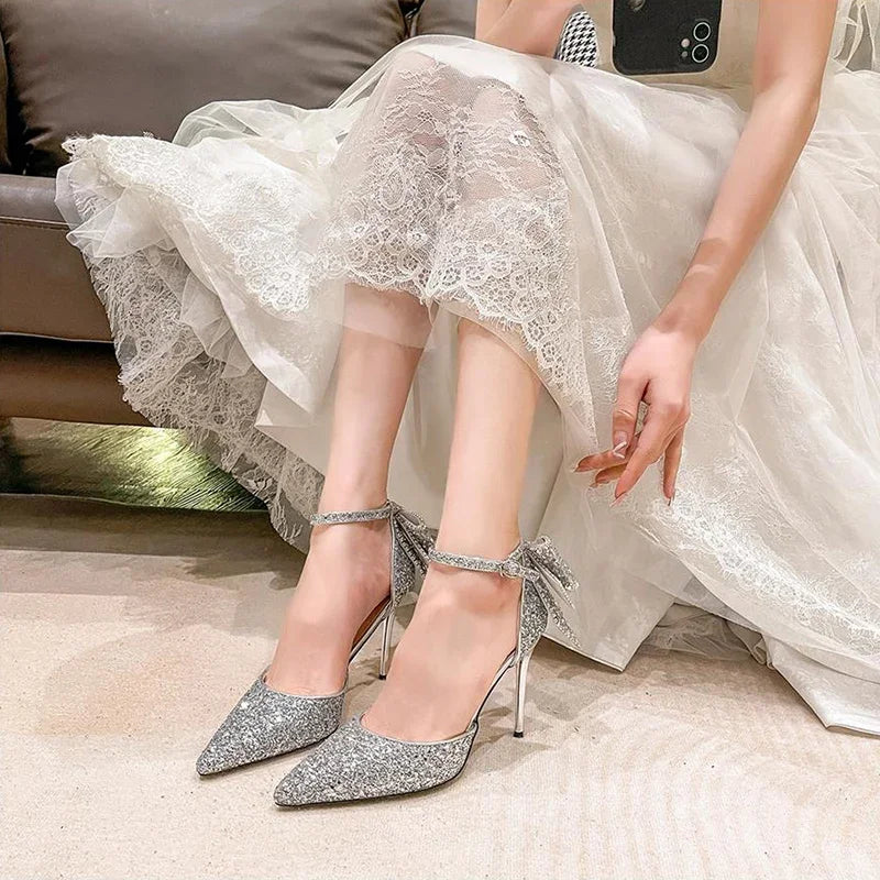 Sexy Big Butterfly Knot  High Heel Pumps Elegant Women's Shoes Pointed Toe Luxury Bling Upper Dress Heels Women Wedding Shoes