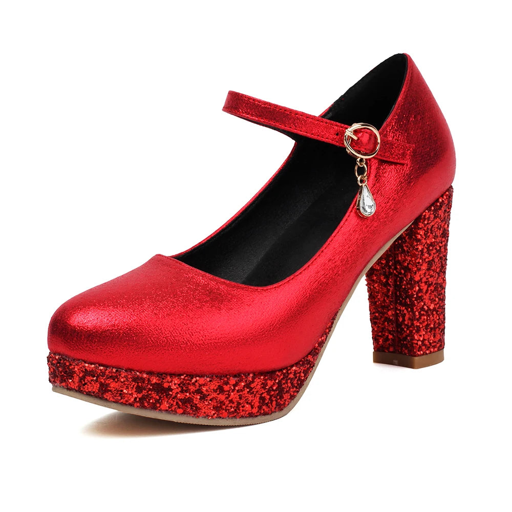 Luxury Sequined Red Silver Gold Women Platform Pumps 9cm Chunky Heels Female Wedding Party Buckle Strap Ladies Round Toe Shoes