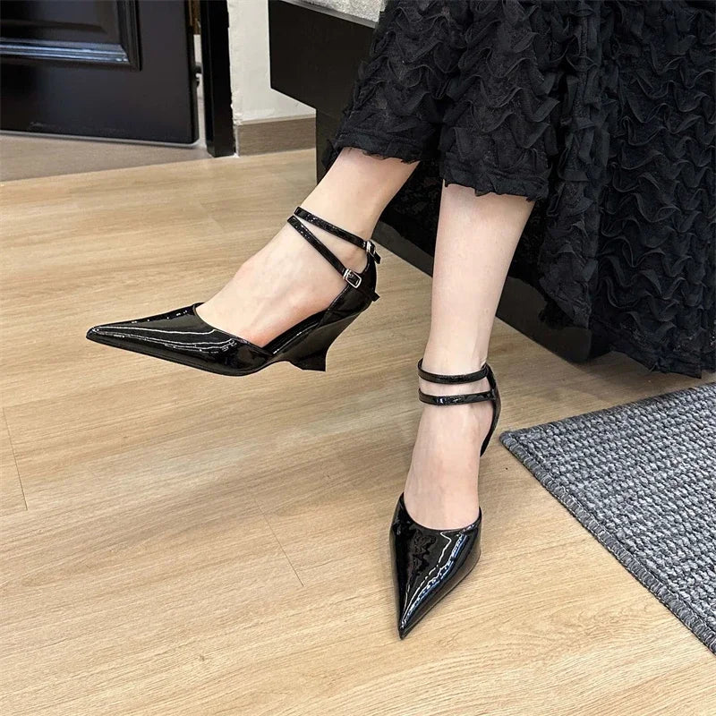 Eilyken Fashion Pointed Toe Wedges Heels Women Pumps Fashion Double Buckle Strap Sandals Wedding Party Mule Shoes