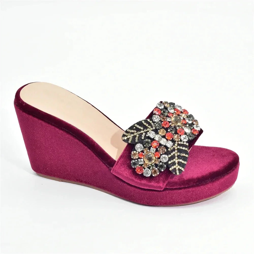 African Women Party Pumps Decorated with Rhinestone Shoes for Wedding Women Wedges Shoes for Women Platform Heels Nigerian Pumps