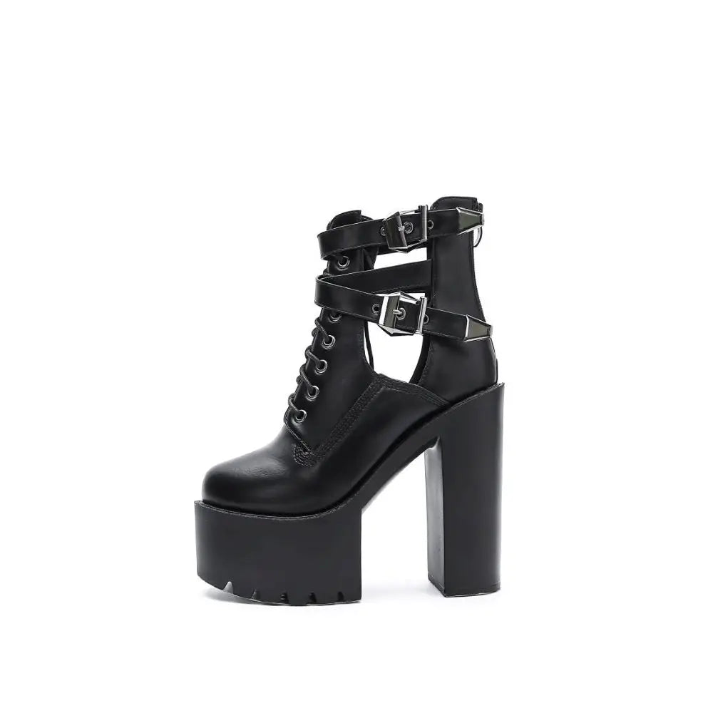 2024 Winter Fashion Sexy Platform Lace Up Buckle White Black Leather Thick Heel High Heel Short Boots Women Party Dance Shoes