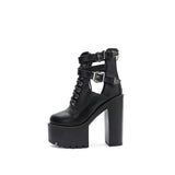 2024 Winter Fashion Sexy Platform Lace Up Buckle White Black Leather Thick Heel High Heel Short Boots Women Party Dance Shoes