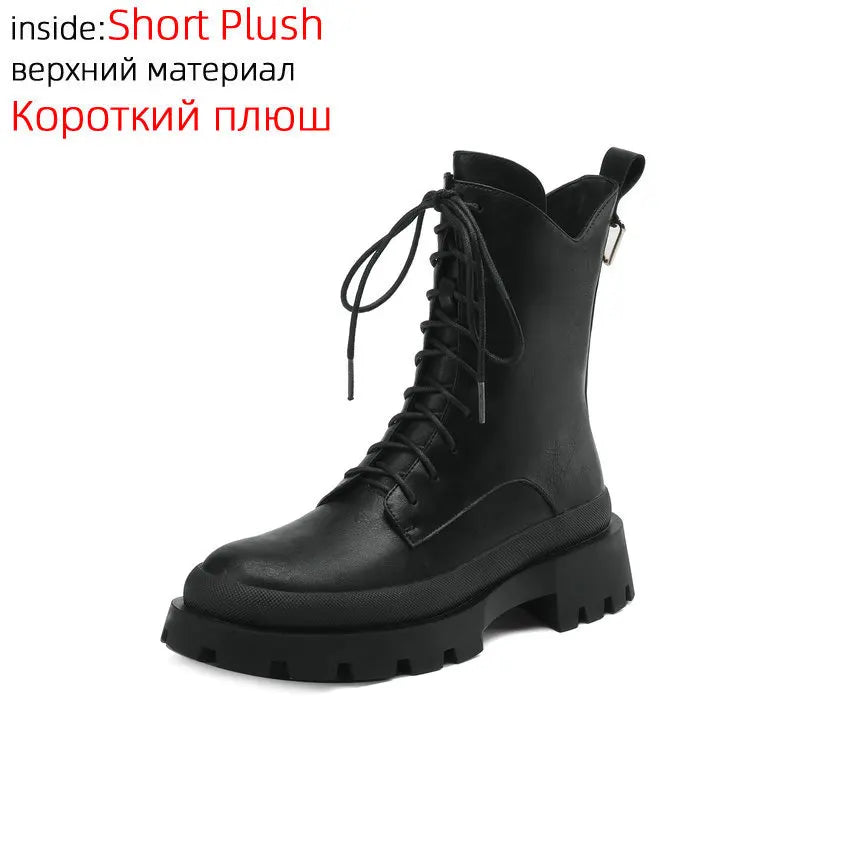 QUTAA 2024 Motorcycle Women Ankle Boots Thick Med Heels Round Toe Office Lady Cross-Tied Genuine Leather Shoes Woman Size 34-39