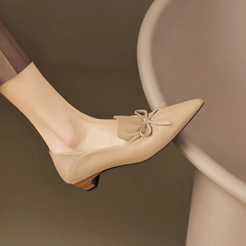 Phoentin office lady elegant black shoes Women's pointed Toe mid Heels 2024 new Genuine leather retro pumps