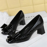 BIGTREE Fashion Bow Splice Square Head Women Pumps Kitten Thick Heel Elegant Party Spring Ladies Shoes Zapatos De Mujer