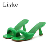 Liyke 2025 New Arrivals Black Silver Square Toe Slippers For Woman Mules Low Thin Heels Designer Slides Shoes Gladiator Sandals