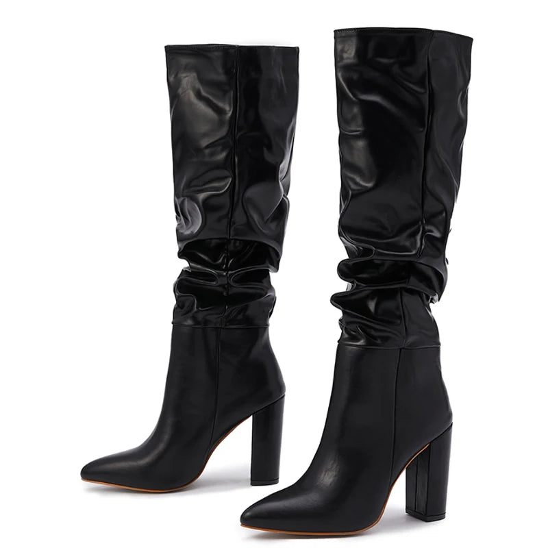 Fashion White Black Women Knee High Boots Sexy Pointed Toe Square Heels Ladies Long Slip On Female Shoes size 35-42