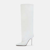Arden Furtado Autumn 2024 White Square toe Super high heel stiletto heel black Knee high boots Large size wide calf boots 44 45