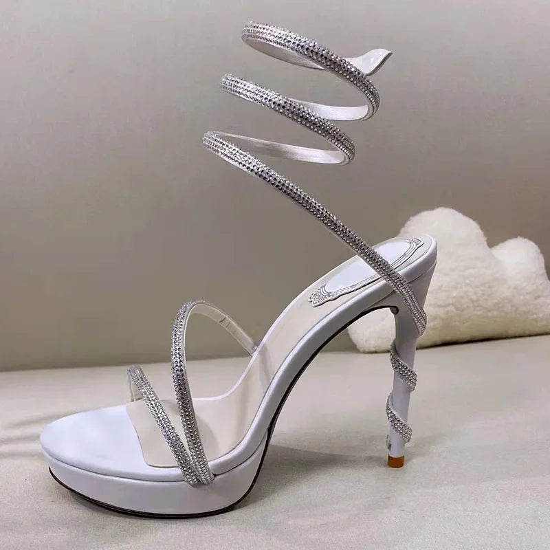 Summer Platform Sandals Woman Rhinestone Ankle Snake Twine Around Wedding Shoes Women High Heels Gladiator Sandals Women