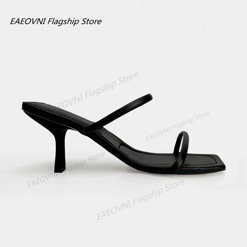 Women Summer Medium Heel Slippers Square Toe Heeled Slippers Casual Leather Stiletto Luxury Brand Shoe Fashion 2024 New Roman