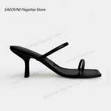 Women Summer Medium Heel Slippers Square Toe Heeled Slippers Casual Leather Stiletto Luxury Brand Shoe Fashion 2024 New Roman
