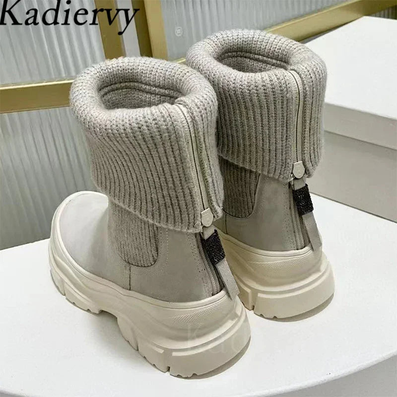 Luxury Thick Sole Motorcycle Boots Women Round Toe Flat Platform Shoes Women Cow Suede Patchwork Knit Mid Calf Boots Woman