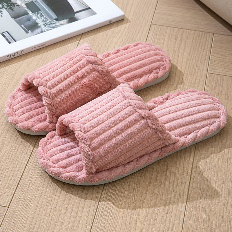 2024 women's new fashionable and minimalist one word slippers for indoor and home couples with striped open toe cotton slippers