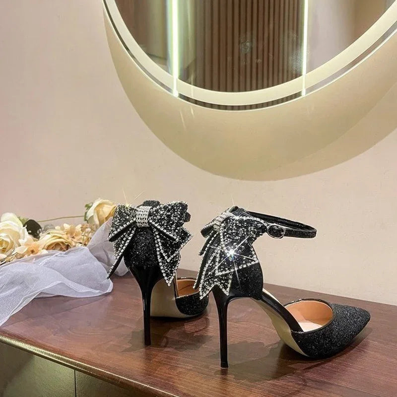 Sexy Big Butterfly Knot  High Heel Pumps Elegant Women's Shoes Pointed Toe Luxury Bling Upper Dress Heels Women Wedding Shoes