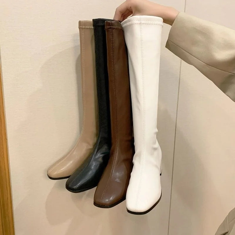 Women Black High Heel Long Boots Fashion Autumn Winter Warm Knee High Boots Soft Leather Thigh High Boots Shoes Zipper Size 42
