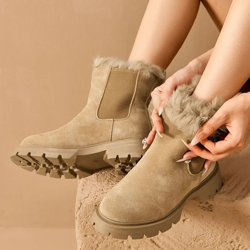 BeauToday Chelsea Boots Women Suede Leather Snow Boots Warm Fur Round Toe Ladies Platform Shoes Handmade 08206
