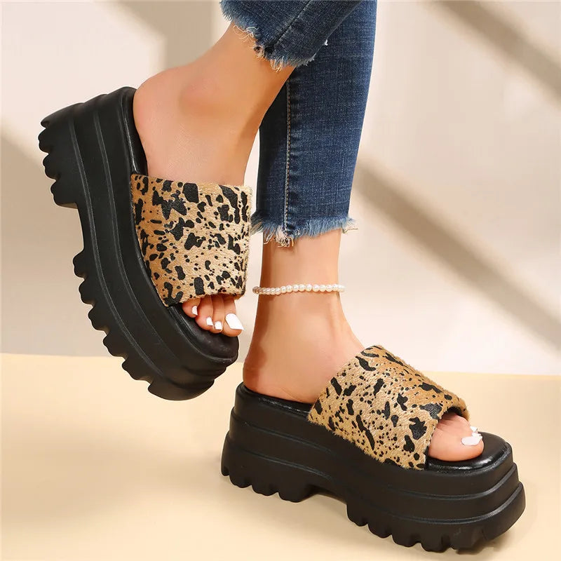 2023 Summer Brand New Women Single Band Platform Sandals Black Nylon Chunky Platform Wedges Slipper Sandals