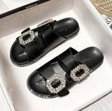 2023 rhinestone crystal buckle slippers women brand design crystal double flip flops female platform slides sandals big size 43