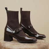 Autumn Winter Women Knit Sock Ankle Boots Fashion Slip On Square Heels Shoes Vintage Ladies Stretch Short Booties brown botas