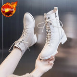Short Shoes for Women Lace-up Footwear Elegant with Medium Heels Laces Female Ankle Boots Pointed Toe Booties Punk Style Combat
