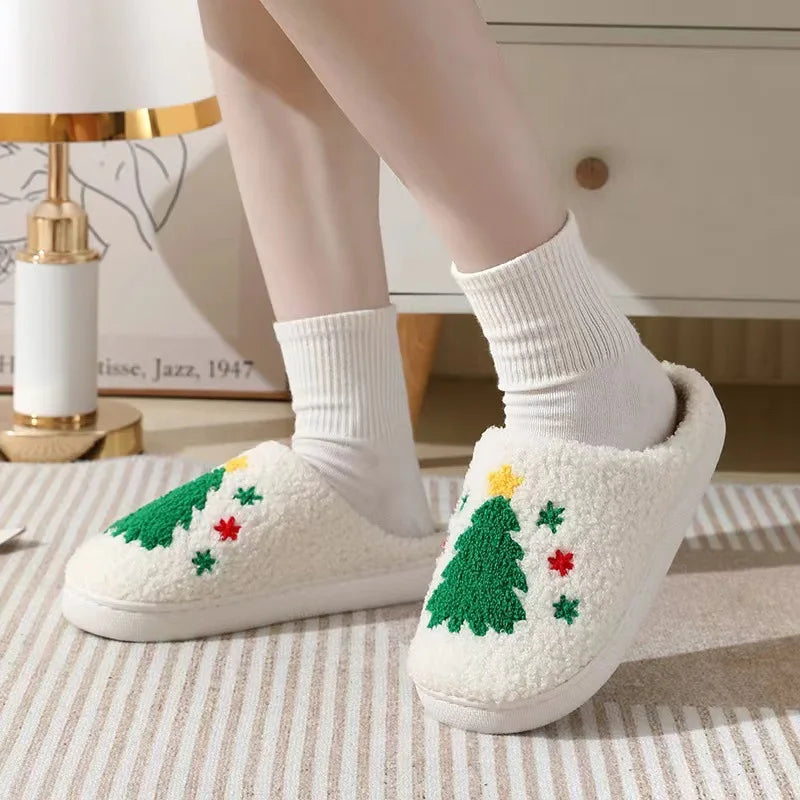 Women Christmas Tree Slippers Men Retro Slippers Winter Warm Plush House Fluffy Living Room Shoes Female Christmas Gifts