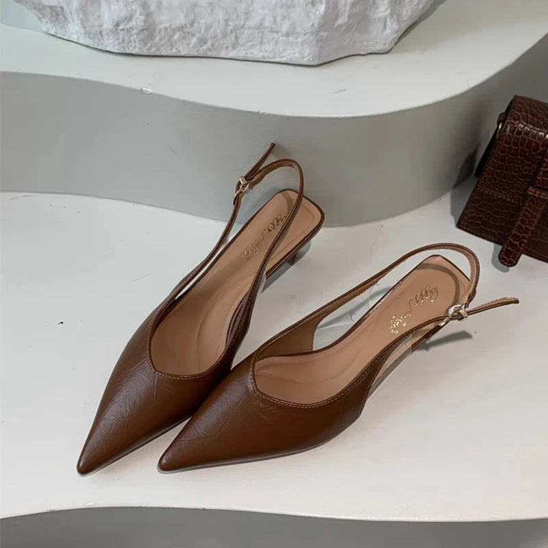 SUOJIALUN Summer New Women Sandal Fashion Pointed Toe Shallow Slip On Ladies Elegant Slingback Shoes Thin Med Heel Dress Mules