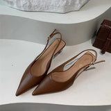 SUOJIALUN Summer New Women Sandal Fashion Pointed Toe Shallow Slip On Ladies Elegant Slingback Shoes Thin Med Heel Dress Mules