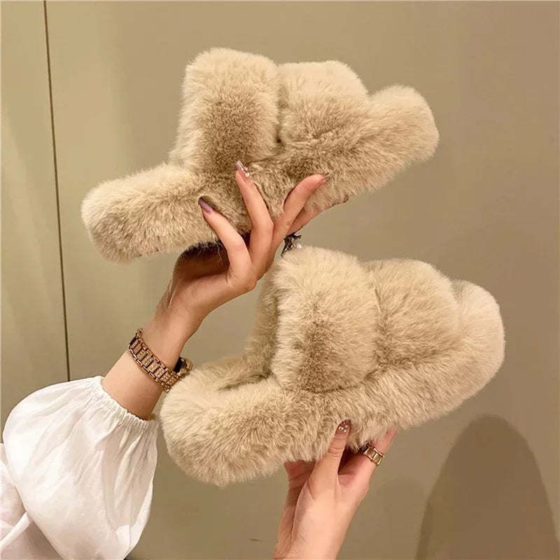 New Winter Open Toe Slipper Fashion Fur Thick Sole Flats Heel Ladies Casual Slip On Bedroom Shoes Soft Outdoor Slides Shoes