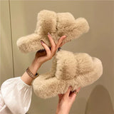 New Winter Open Toe Slipper Fashion Fur Thick Sole Flats Heel Ladies Casual Slip On Bedroom Shoes Soft Outdoor Slides Shoes