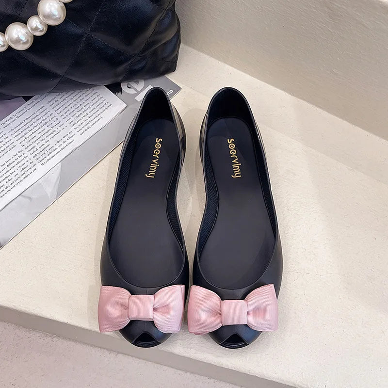 sweet bowknot jelly shoes woman flats candy color peep toe summer ballerina shoes waterproof transparent loafers for women
